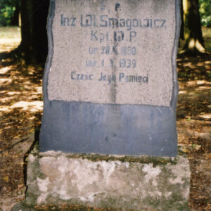 czarna płyta nagrobna o nieregularnym kształcie umocowana na zniszczonym cokole z tablicą epitafijną pośrodku, za nią pnie drzew 