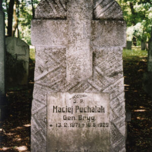 Pionowa, prostokątna płyta nagrobna zakończona łukiem. U podstawy tablica epitafijna, powyżej krzyż. Z tyłu inne nagrobki i drzewa.