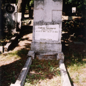 Obmurowana mogiła, na której osadzono wysoką stelę, z wtopionym krzyżem. Pod krzyżem biała tablica epitafijna. Z tyłu inne nagrobki i drzewa.