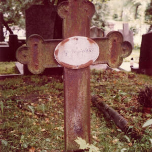 Pokryty rdzą krzyż z owalną tablicą epitafijną. Wokół inne nagrobki i drzewa.