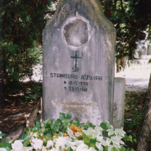 Zniszczona pionowa płyta nagrobna z krzyżem i napisami pośrodku. Powyżej kolisty ślad po medalionie. Obmurowanie wypełnione zielenią. Z tyłu drzewa. 