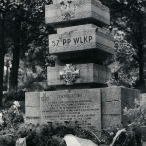 pomnik złożony z betonowych sześcianów różnej wielkości, stojących jeden na drugim, uzupełniony krzyżem żołnierskim i tablicą pamiątkową