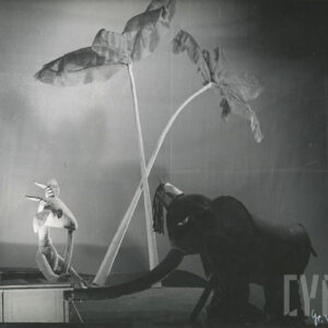 lalka przedstawiająca koziołka z długą brodą stoi naprzeciw kukły przedstawiającej słonia, za nimi dwa drzewa ze skrzyżowanymi pniami