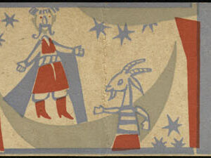 pięć ilustrowanych scen w kolorach czerwonym, niebieskim i szarym przedstawiających przygody koziołka