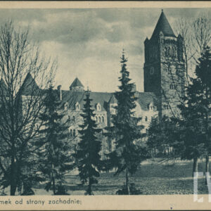 potężna bryła zamku z wieżami i długimi rzędami okien przysłonięta drzewami