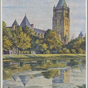 malowany farbami widok sadzawki otoczonej drzewami, w głębi fragment dachu i wieży zamku