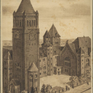 pozbawiona detali grafika przedstawiająca zamek z wysoką wieżą na pierwszym planie i otwartym dziedzińcem wzdłuż ulicy