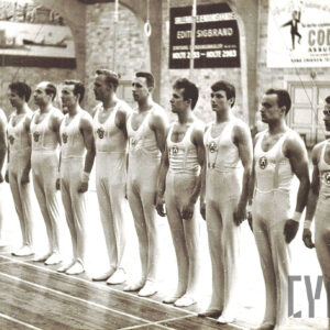 grupa mężczyzn ubranych w stroje gimnastyczne, stojących w rzędzie na hali sportowej; w głębi na ścianach widoczne reklamy