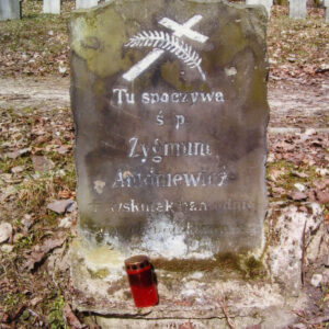 pionowa płyta nagrobna o falistych krawędziach z białymi napisami oraz motywem palmy z krzyżem; za nią inne nagrobki i pnie drzew