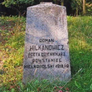 wysoki kamienny cokół z napisami, za nim drzewa, wokół teren porośnięty trawą 