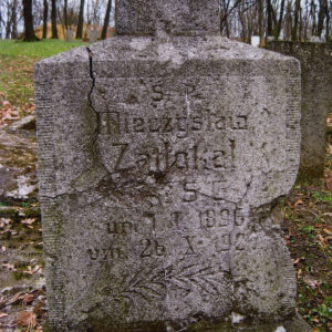 zniszczona płyta nagrobna w kształcie postumentu, na którym znajduje się pozostałość po kamiennym krzyżu; z tyłu inne nagrobki i drzewa bez liści