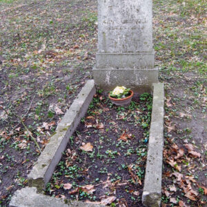 obmurowany grób z kamienną stelą, wewnątrz doniczka z żółtym kwiatem, za nim inne nagrobki i pnie drzew