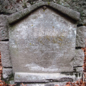 omszona, kamienna tablica z zatartymi napisami umocowana do płyty nagrobnej; za nią fragmenty innych nagrobków i teren pokryty  suchymi liśćmi