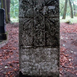 zabrudzona płyta nagrobna z tablicą epitafijną i dużym krzyżem łacińskim na tle promienistej glorii; za nią fragment innego nagrobka, teren cmentarza i pnie drzew