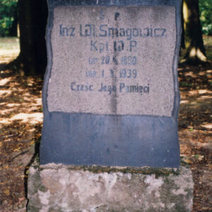 blok czarnego granitu o falistych krawędziach osadzony na cokole z tablicą epitafijną; za nim teren cmentarza i pnie drzew