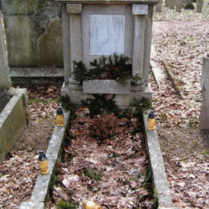 obmurowany grób i płyta nagrobna z łukiem wspartym na dwóch kamiennych kolumnach; za nim inne nagrobki i pnie drzew