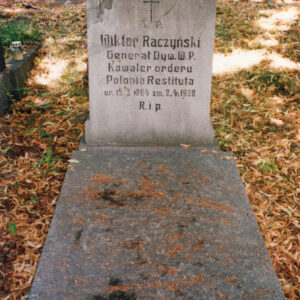 prostokątna, leżąca płyta i pionowa stela z napisami; za nagrobkiem fragmenty innych grobów i teren cmentarza