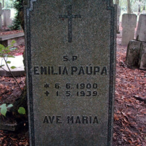 wysoka, wąska stela z uskokowymi narożami, czarnymi napisami i krzyżem łacińskim