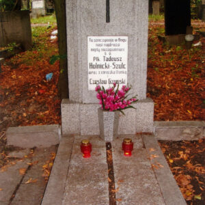 wysoka stela z czterema cofniętymi uskokowo skrzydłami osadzona na cokole, na niej biała tablica z napisami, powyżej czarny krzyż łaciński, grób obmurowany nakryty kamiennymi płytami, za nim inne nagrobki i drzewa