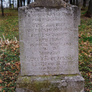 płyta nagrobna z napisami i pozostałością po odłamanym krzyżu, za nią teren cmentarza, inne nagrobki i pnie drzew