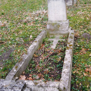 obmurowany grób wewnątrz którego znajduje się krzyż odłamany z płyty nagrobnej; wokół teren cmentarza, inne nagrobki i pnie drzew 