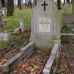 obmurowany grób i wysoka stela ze schodkowo obniżającymi się skrzydłami osadzona na cokole, wokół inne nagrobki i wysokie drzewa