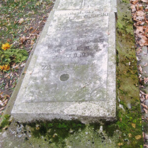 leżąca, prostokątna płyta z wklęsłymi krawędziami przechodzącymi w podstawę, na płycie znajduje się tablica epitafijna z krzyżem łacińskim w górnej części i śladem po medalionie portretowym w dolnej