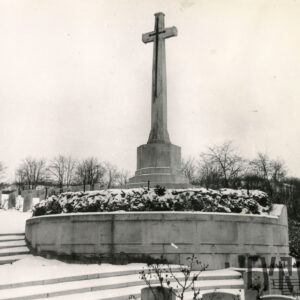 Wysoki, kamienny krzyż na postumencie. Po jego lewej stronie rzędy płyt nagrobnych i prowadzące do nich schody, a po prawej fragment skarpy. 