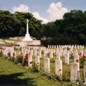 Rzędy jednakowych, kamiennych płyt nagrobnych, pomiędzy którymi rosną czerwone kwiaty. Na postumencie stoi wysoki krzyż. Z tyłu drzewa. 