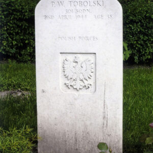 biała płyta nagrobna z inskrypcją i płaskorzeźbą Orła Białego, za nią krzewy