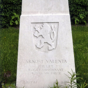 biała płyta nagrobna z płaskorzeźbą lwa i napisami, za nią krzewy