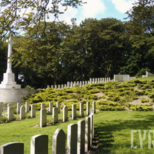 Liczne, białe płyty nagrobne na porośniętym trawą terenie. Po lewej stronie wysoki krzyż na postumencie. Pośrodku szeroki pas porośnięty jałowcem. Z tyłu drzewa.