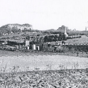 rozległy teren cmentarza z wydzielonymi kwaterami, wypalonymi kikutami drzew i ruinami fortu w głębi