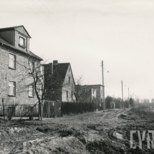 budynki wolnostojące z cegłami, otoczone płotami, widoczne drzewa, lampy drogowe oraz rozkopana, błotnista, nieutwardzana droga