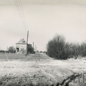 domy z cegieł stojące przy nieubitej, rozkopanej, piaszczystej drodze; po jednej stronie drogi sznur drzew, po drugiej stoją słupy energetyczne 