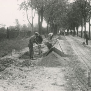 grupa mężczyzn w strojach roboczych z łopatami, pracująca na piaszczystej, nieutwardzonej drodze; po obu stronach drogi rosną drzewa, z jednej strony widoczny drewniany płot, z drugiej w oddali budynek z cegieł