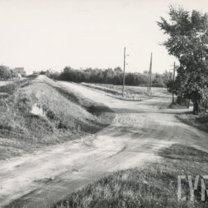 skrzyżowanie dwóch piaszczystych dróg porośniętych wkoło trawą, drzewami i krzewami, w oddali widoczne drzewa i wolnostojące domy mieszkalne