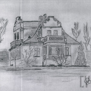 szkic budynku mieszkalnego otoczonego drzewami