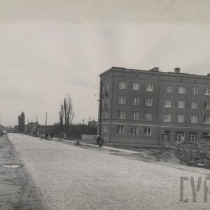 brukowane ulica, wzdłuż której stoją słupy energetyczne, po prawej stronie budynek mieszkalny