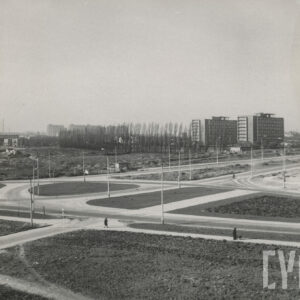 skrzyżowanie kilku ulic, przy których stoją latarnie uliczne, w oddali drzewa i dwa wysokie budynki mieszkalne