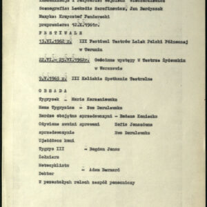 pismem maszynowym zapisane tytuł spektaklu, realizatorzy, udział w festiwalach oraz obsada