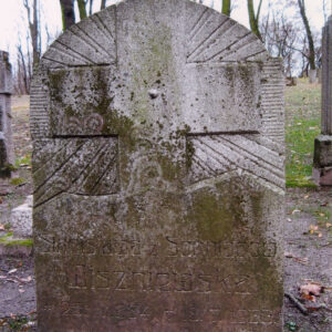 pokryta mchem płyta nagrobna z krzyżem wykutym w jej górnej części i napisami w dolnej