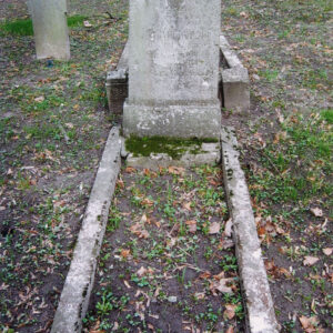 płyta nagrobna na cokole z obmurowaniem mogiły ziemnej, na niej ślad po medalionie portretowym i napisy, wokół teren cmentarza inne nagrobki i alejka