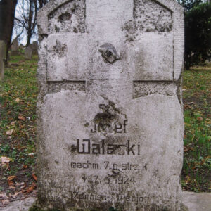 w górnej części płyty nagrobnej jest wykuty krzyż łaciński, w dolnej inskrypcja, stela zabrudzona z uszkodzonymi krawędziami