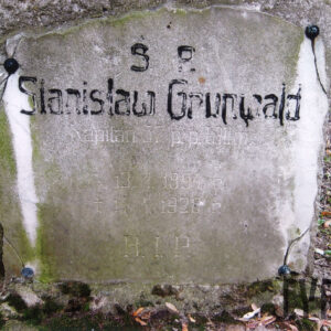 zabrudzona i omszała tablica spękana w miejscach mocowania nitów, czytelne napisy w języku polskim