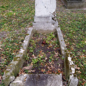 zniszczona płyta nagrobna i obmurowanie mogiły ziemnej ze słabo czytelną inskrypcją, wokół teren cmentarza i inne nagrobki