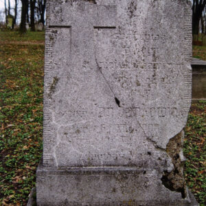 uszkodzona kamienna płyta pokryta mchem z odłamanym lewym górnym narożem i słabo czytelną inskrypcją, za nią teren cmentarza, inne nagrobki i drzewa