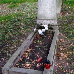 obmurowanie mogiły ziemnej i pionowa płyta nagrobna na cokole z napisami, wewnątrz obmurowania białe sztuczne kwiaty i znicze, wokół teren cmentarza, inne nagrobki i pnie drzew