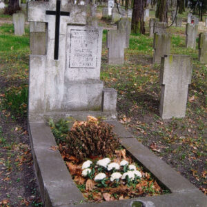 szerokie obmurowanie mogiły ziemnej i pionowy krzyż łaciński ozdobiony krzyżem z czarnego szkła, do niego, po prawej stronie przylega tablica z napisami, wokół teren cmentarza, inne nagrobki i drzewa 