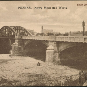 stalowy most na pięciu przęsłach i murowanych, masywnych filarach, na moście ozdobne latarnie, w głębi budynki, z prawej dwa wysokie kominy